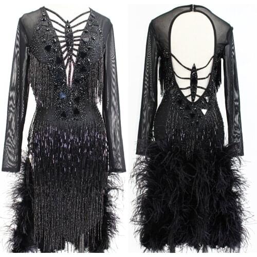 Black Feather Latin Dance Dress Competition Dance Clothes Women Rhinestone Fringe Backless Sexy Prom Costume Girls Dress BL5398