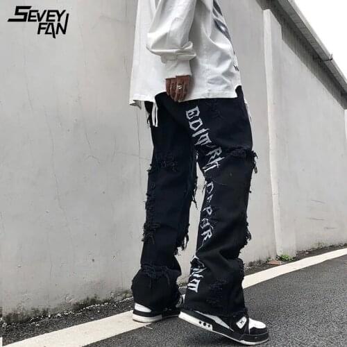 Men Fashion Ripped Hip Hop Jeans Letter Embroidery Destroy Distressed Black Baggy Hole Harajuku Denim Pants Streetwear Dancer
