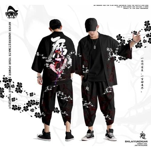 Oversize 6XL Flower Beauty Samurai Print Japanese Cardigan Obi Yukata Mens Haori Kimono And Pant Traditional Japan Clothing