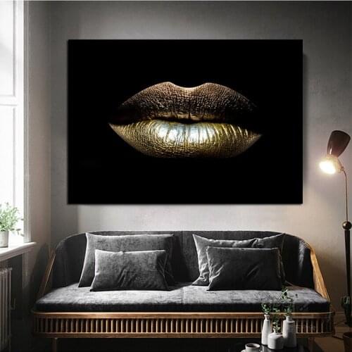 Nordic Sexy Black Women Gold Lips Canvas Painting Modern Wall Art Pictures for Corridor Living Room Bedroom Home Decoration