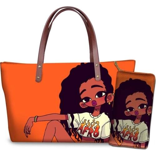 NOISYDESIGNS Women 2pcs Handbags&Purse Set for Ladies Afro Black Girl Magic Melanin Poppin Hand Bag Females Custom Name Tote Bag