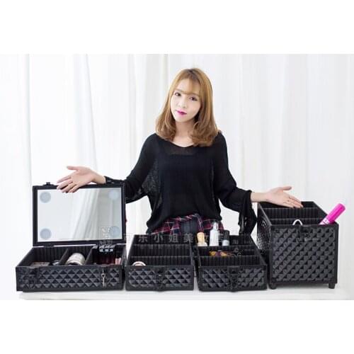 2016 New Type Aluminum Professional Makeup Nail Box Beauty Case with Lights 4 in 1 Trolley makeup Box with Lights Multifunction