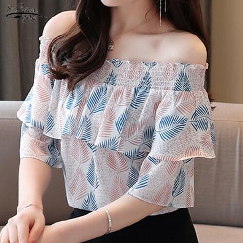 Chemisier Femme 2021 Summer New Short Sleeve Off Shoulder Floral Chiffon Blouse Women Elegant Slim Fit Ruffle Tops Women 9213 50