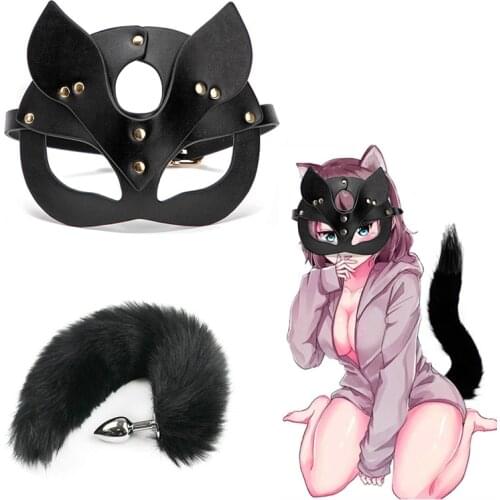 Cosplay Fox Mask Tail Anal Plug Simulation Fox Fur Metal Anal Bead Butt Plug Half Cat Mask Party Sexy Adult Stimulator Female To