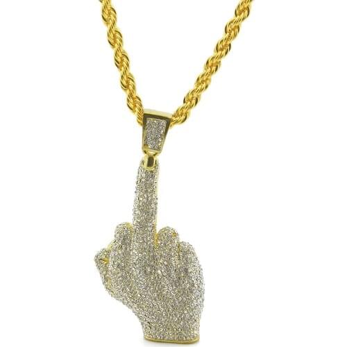 Hip Hop Mens Iced Out Gold Vertical Middle Finger Pendant Necklace Jewelry Gift For Him with Chain