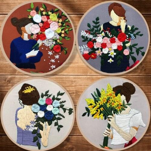 DIY Embroidery Material Package With Hoop Cartoon Flowers Girl Hand Bouquet Pattern 3D Embroidery Kits For Beginner Cross Stitc