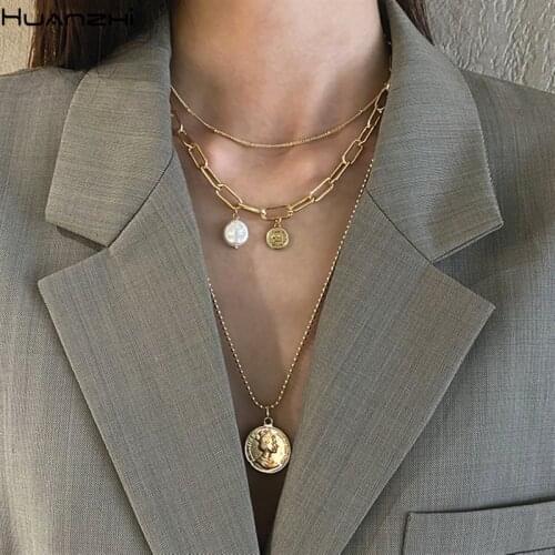 HUANZHI 2020 New Baroque Natural Pearl Geometric Portrait Pendant Stacked Multilayer Clavicle Chain Necklace for Women Jewelry