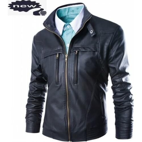 Casual Fashion Streetwear Stand Collar Mens Faux Jackets Euro Slim Zippers Male PU Leather Outerwear Coats Plus Size 4XL