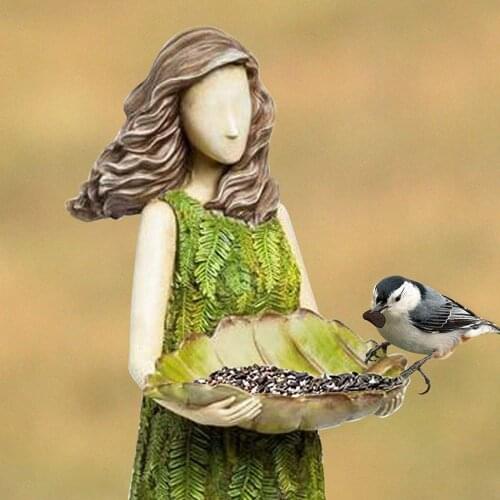 2 in 1 Garden Ornament Fern Fairy Statue Hummingbird Feeder Resin Craftwork with Food Container for Courtyard Park