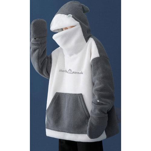 Self Closing Shark Clothes Wool Lamb Winter Couples Coat Sweatshirt Women Hoodies Loose Pullovers Warm Wear Thicken Jumper