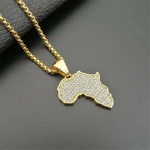 Iced Out Bling Africa African Map Pendants Chain Stainless Steel Rhinestone Gold Color Mens Hip Hop Street Jewelry Dropshipping