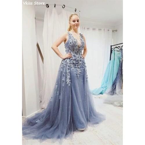 Gray Tulle Prom Dress Luxury Beading Sxy V-neck Sweep Train Sleeveless Applique Backless Evening Dress вечерние платья 2020 год