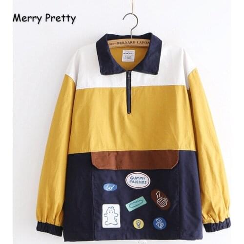XUANHAO Womens Cartoonn Embroidery Funny Jackets 2020 Winter Long Sleeve Turndown Collar Vintage Patchwork Pullover Coats