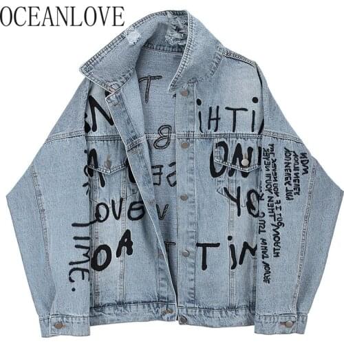 OCEANLOVE Denim Jacket Women Letters Streetwear Fashion Solid Women Jacket 2020 Spring Retro Ins Chaqueta Student Loose 14159