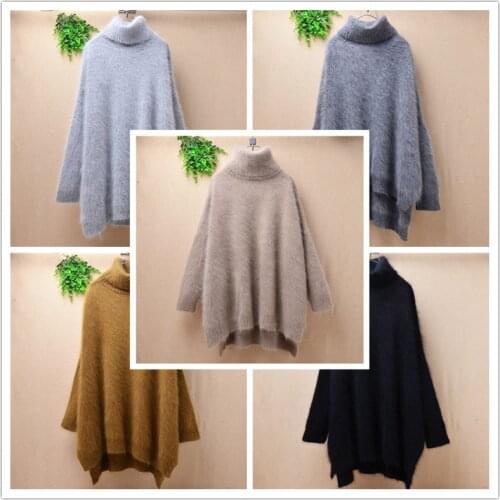Ladies women loose oversized mink cashmere knitted plus size long sleeves angora rabbit fur turtleneck pullover jumpers sweaters