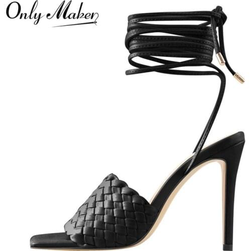 Onlymaker Solid High Heel Women Woven Square Toe Sandals Ankle Strappy Thin Heels Slippers Open Toe Fashion Shoes