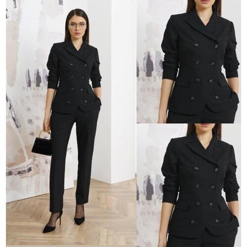 Fashion Women Blazer Suits 2 Pieces Double Breasted Black Peaked Lapel Office Lady Wear Casual Daily Chic Jacket Pants