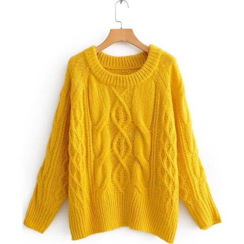 2019 Womens Autumn Winter Tops O-neck Long Sleeve Yellow Loose Twist Knitted Pullover Sweater