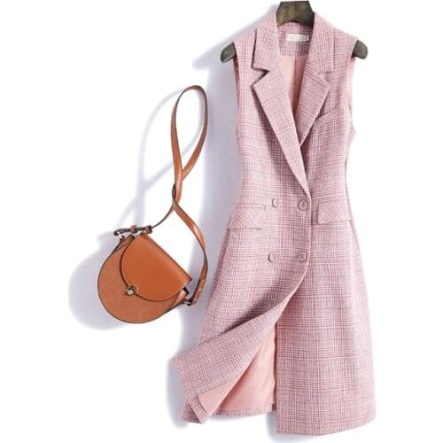 2020 autumn winter women fashion pink plaid Waistcoat Casual double breasted long Vest Sleeveless Slim lady Vests JC435