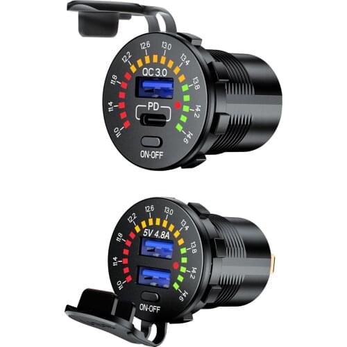 12V Quick Charge 3.0 USB SUV Car Charger Waterproof 18W Type C PD Outlet Fast Charger with LED Voltmeter ON OFF Power Switch