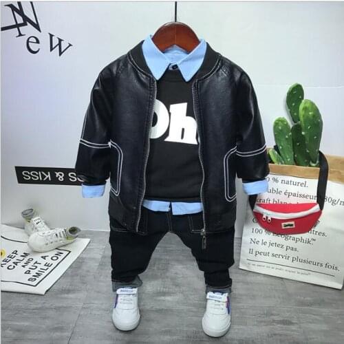 Autumn Winter Fashion Toddler Kids Clothing Set Baby BoysFaux leather jacket + T-shirt + shirt + jeans 4pcs boys Outfits Clothes
