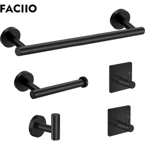 FACIIO Bathroom Hardware Sets Towel Bar Black Toliet Paper Holder 304SUS Robe Hook Clothes Hanger Washroom Accessories 5pcs