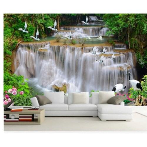 Beibehang Custom Fashion Wallpaper waterfall river forest white crane 3D TV background wall papel de parede 3d wallpaper tapety