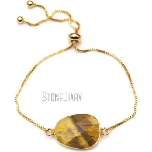 10Pcs Discount Tiger Eye Link Bracelet Gold Color Faceted Free Form Chain Bracelet Adjustable BM14889
