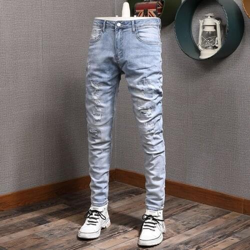 Summer Men Light Blue Ripped Jeans Streetwear Casual Mens Slim Fit Pants Denim Trousers