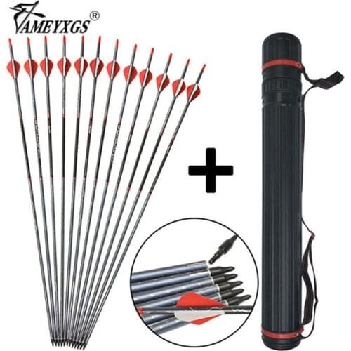 12pcs Spine 500 Archery 31.5" Carbon Arrow And Portable Arrows Quiver Rubber Fletching Shooting Training Bow Hunting Accessories