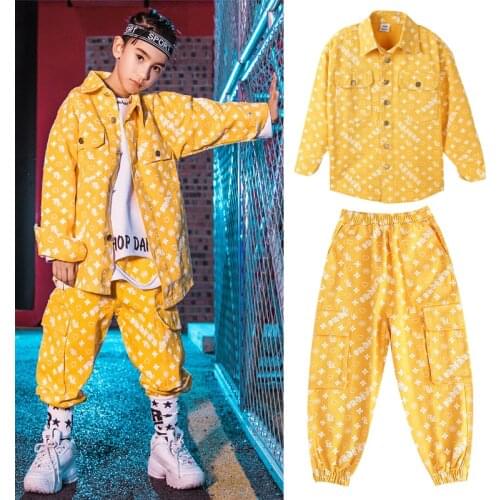 2019 Hip Hop Clothes Yellow Printing Hiphop Outfits For Boys Jazz Dance Costumes Ballroom Street Dance Stage Costumes DQS3499