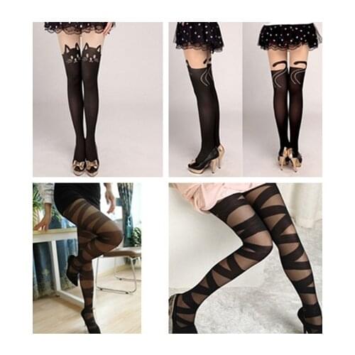 Cartoon Tights Pantyhose Women Sexy Stockings Cat Pattern Print Cross Strap Spring Autumn Medias Pantis Woman Collant Femme