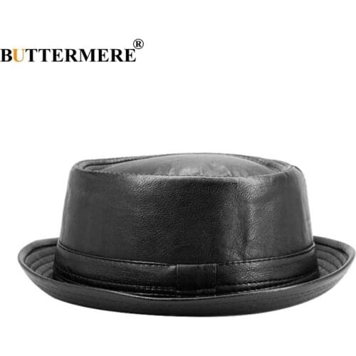 BUTTERMERE Men Black Leather Trilby Hat Male Fedora Cap Retro Women Autumn Brand Porkpie Hat Mens Vintage Jazz Hats