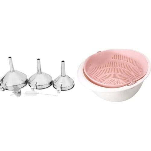 Stainless Steel 5 Piece Kitchen Strainer Funnel Set with Drain Basket Plastic Double Layer Vegetable Washing Basket