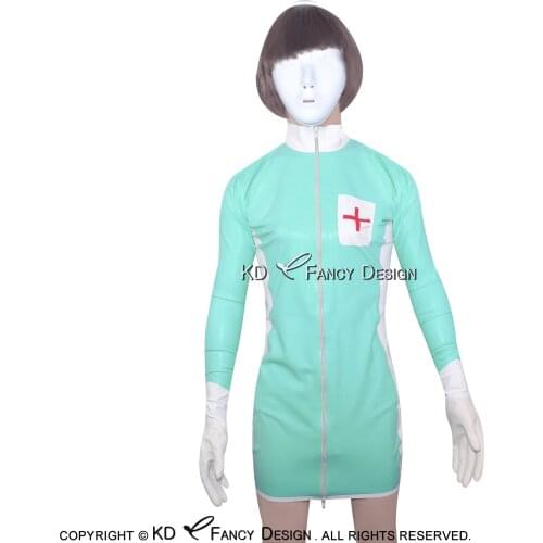 Jade Green And White Red Sexy Latex Uniform Sets Rubber Dresses With Zipper At Front LYQ-0010