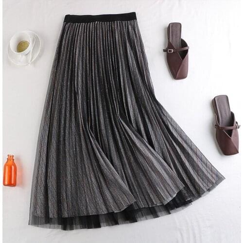 New 2020 autumn and winter High waist slimming mesh shiny silk Women shiny skirt star moon skirt A-line mesh long Skirt