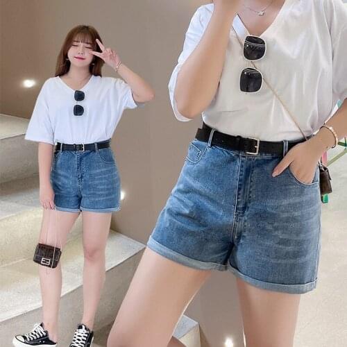 New Spring Summer Womens Large Plus Size Shorts Female Curl Edge High Waist Stretch Denim Shorts With Belt