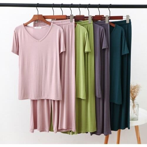 Sexy V-Neck Spring Summer Pajamas Women Short Sleeve Modal Cotton Pyjamas Homewear Clothes Large Size Casual Ladies Pijamas Set