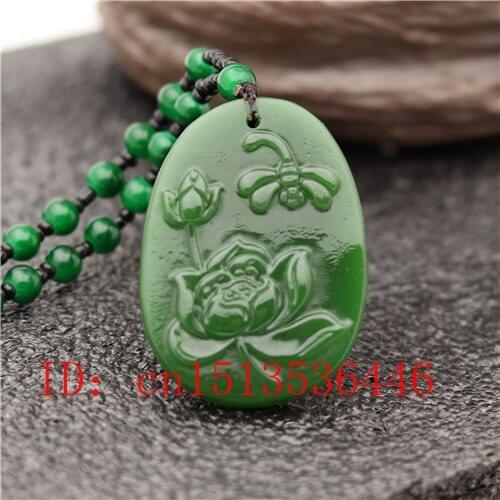 Carved Lotus Dragonfly Jade Pendant Natural Chinese Green Beads Necklace Charm Jadeite Jewellery Fashion Amulet Gifts