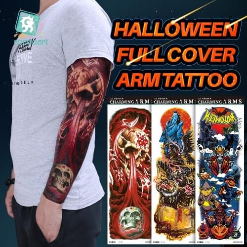 Rocooart Full Arm Sleeve Tattoo Halloween Large Waterproof Temporary Tattoos Wolf Skull Ghost Body Art Tattoo Stickers For Men