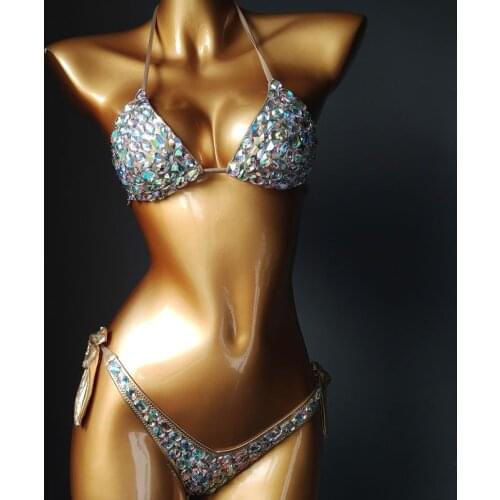 Sexy Nightclub Bar Adult Stage Dance Costume Suit Female Singer Color Rhinestones Bikini Set DJ DS Party Evening Costumes DL5939