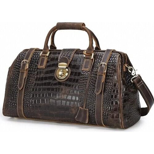 Vintage Crocodile Crazy Horse Genuine leather Travel Bag Big Capacity 15.6 Inch Work Shoulder Laptop Bag Weekend Luggage Bag