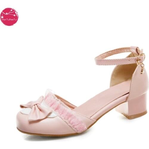 Women Classic Lolita sandals Sweet Lace Round Toe Bows Buckle Med Heeled Girls Mary Janes Cosplay Pumps Princess Dress Shoes