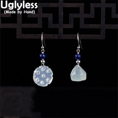 Uglyless China Chic Lotus Earrings for Women Natural Jade Asymmetric Earrings 925 Silver Tassels Ethnic Jewelry Lapis Brincos