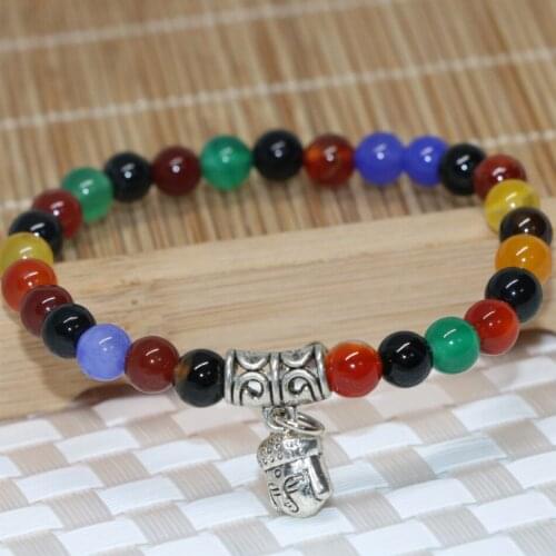 Unique multicolor natural agat onyx stone carnelian 6mm round beads bracelet women buddha head accessory jewelry 7.5inch B1952