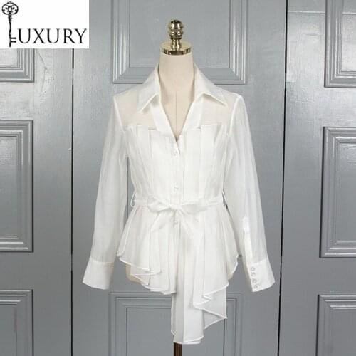 Summer Blosue Office Spring Work Women Turnd-down Collar Pleated Snow White Long Sleeve Shirt Bow Belt Tops Blouses