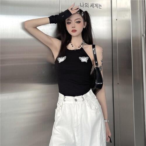 White Butterfly Embroidery Lady Sexy Camis Black Sexy Girl Gothic Halter Camisole Backless Dark Goth New Korean Fashion Clothes