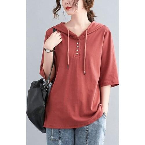 Women Cotton Casual Hooded T-shirts New Arrival 2021 Summer Simple Style Solid Color Loose Female Half Sleeve Tops Tees S3739