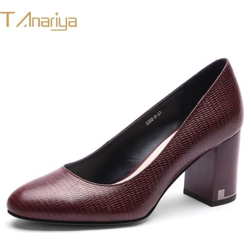 Tanariya 20 Spring And Autumn New Leather Wine Red Thick Heel High Heel Woman Ladies High Heels Women Shoes Woman Pumps