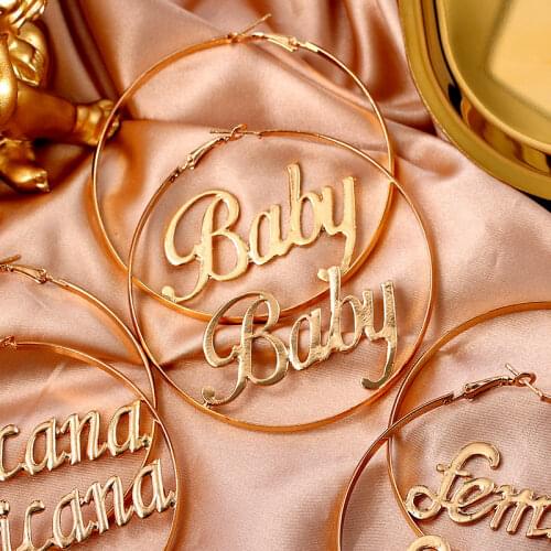 Flatfoosie New Fashion Large Circle Round Hoop Earrings For Women Gold Silver Color Hyperbole Baby Letter Earrings Jewelry Gift